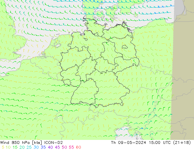 Viento 850 hPa ICON-D2 jue 09.05.2024 15 UTC