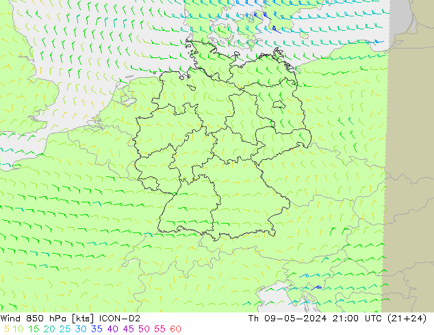 Wind 850 hPa ICON-D2 Do 09.05.2024 21 UTC