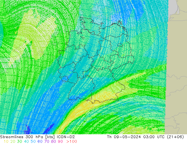 Linea di flusso 300 hPa ICON-D2 gio 09.05.2024 03 UTC
