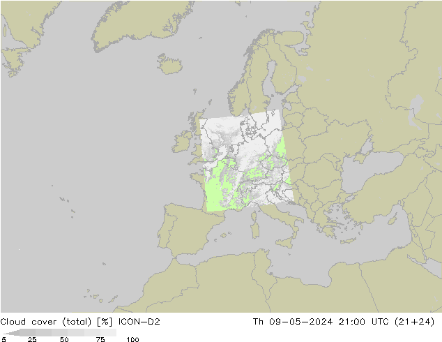 Cloud cover (total) ICON-D2 Th 09.05.2024 21 UTC
