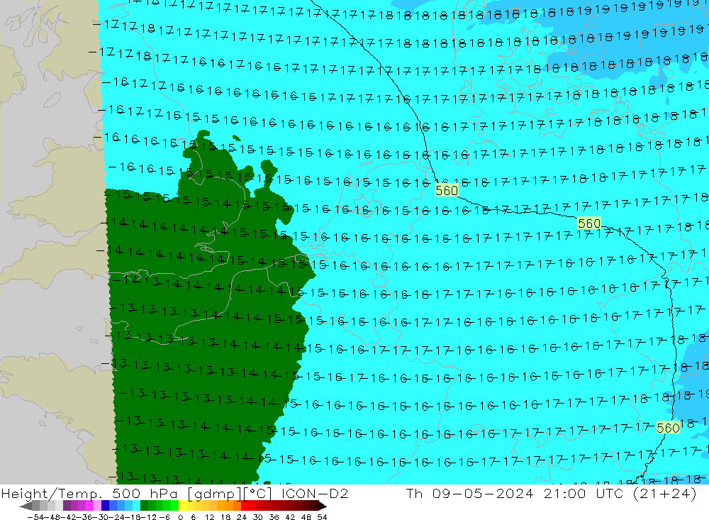 Height/Temp. 500 hPa ICON-D2 Th 09.05.2024 21 UTC