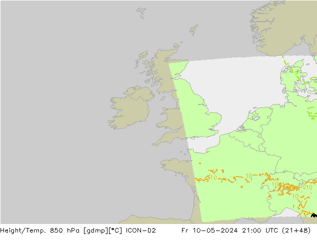 Height/Temp. 850 hPa ICON-D2 Fr 10.05.2024 21 UTC