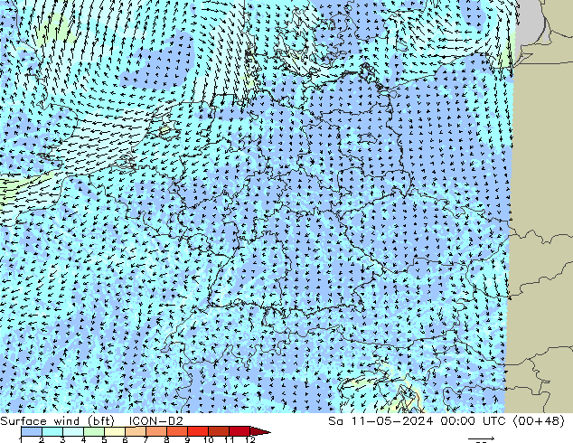 Surface wind (bft) ICON-D2 Sa 11.05.2024 00 UTC