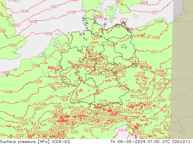 地面气压 ICON-D2 星期四 09.05.2024 01 UTC