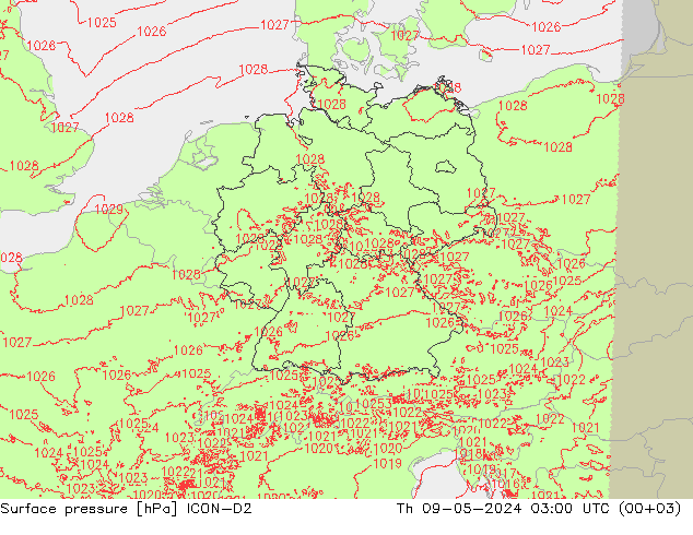 Atmosférický tlak ICON-D2 Čt 09.05.2024 03 UTC
