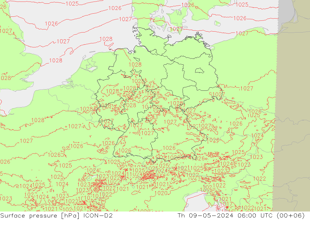 Presión superficial ICON-D2 jue 09.05.2024 06 UTC