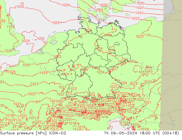 Luchtdruk (Grond) ICON-D2 do 09.05.2024 18 UTC
