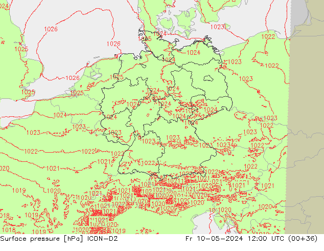 Atmosférický tlak ICON-D2 Pá 10.05.2024 12 UTC