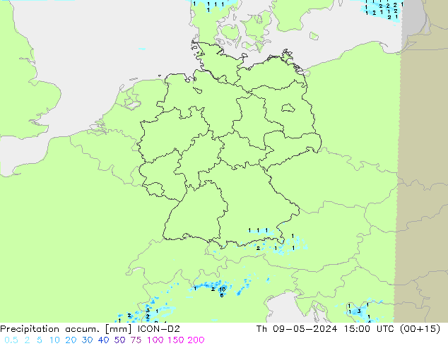 Precipitation accum. ICON-D2 чт 09.05.2024 15 UTC