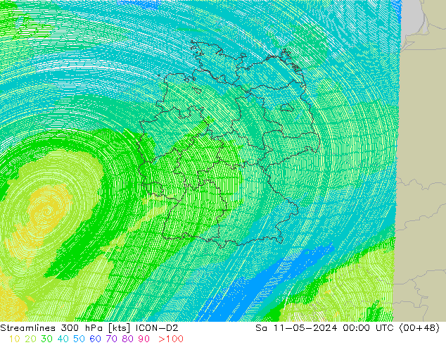 Streamlines 300 hPa ICON-D2 Sa 11.05.2024 00 UTC