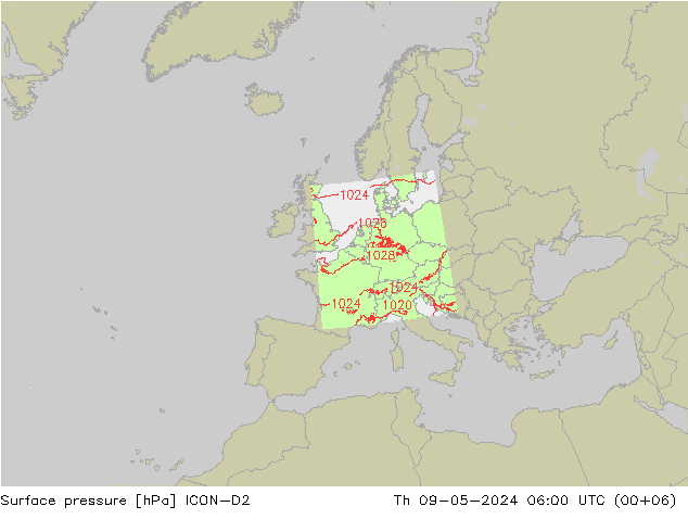 Atmosférický tlak ICON-D2 Čt 09.05.2024 06 UTC