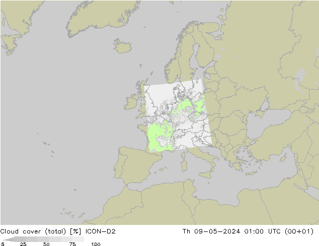 nuvens (total) ICON-D2 Qui 09.05.2024 01 UTC