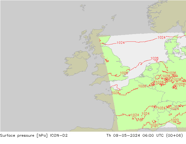 Atmosférický tlak ICON-D2 Čt 09.05.2024 06 UTC
