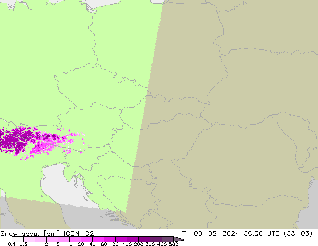 Глубина снега ICON-D2 чт 09.05.2024 06 UTC