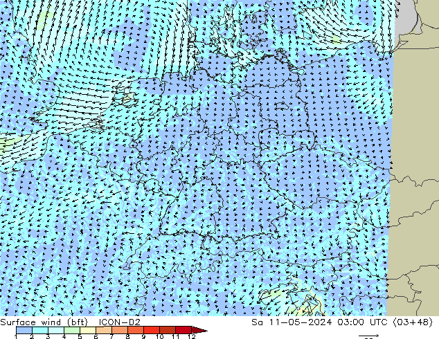 Surface wind (bft) ICON-D2 Sa 11.05.2024 03 UTC