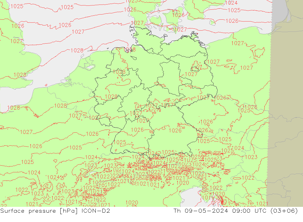 Bodendruck ICON-D2 Do 09.05.2024 09 UTC