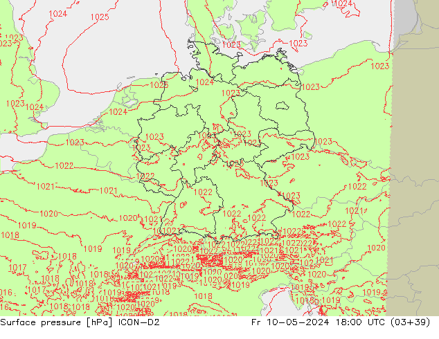 Atmosférický tlak ICON-D2 Pá 10.05.2024 18 UTC