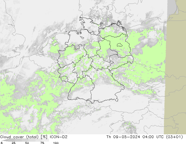 Nubes (total) ICON-D2 jue 09.05.2024 04 UTC