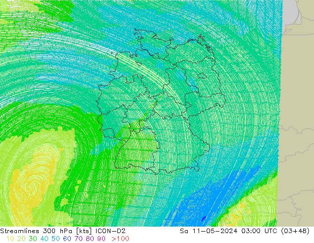 Línea de corriente 300 hPa ICON-D2 sáb 11.05.2024 03 UTC