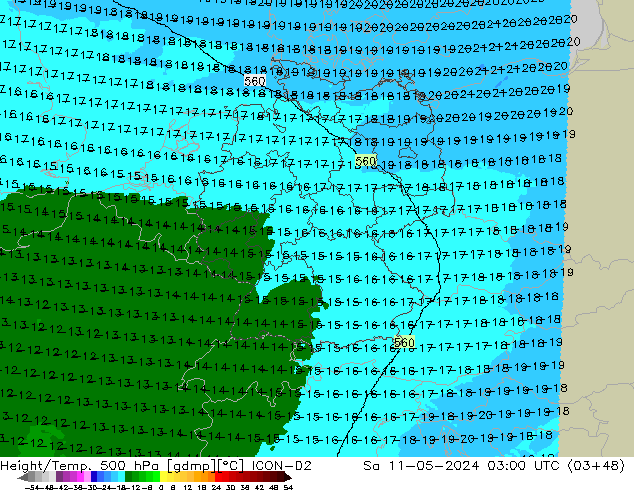 Height/Temp. 500 hPa ICON-D2 sab 11.05.2024 03 UTC