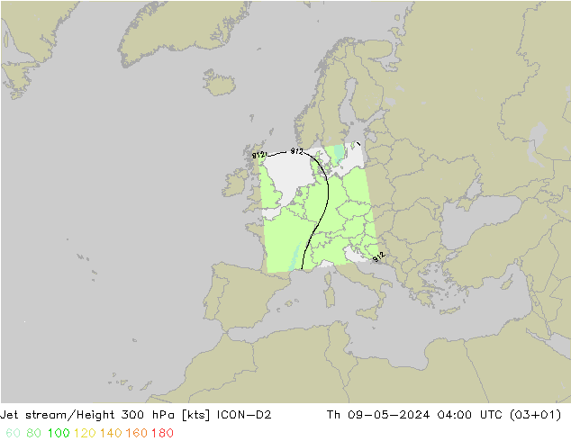 Corriente en chorro ICON-D2 jue 09.05.2024 04 UTC