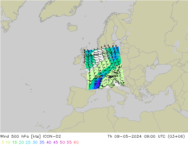 Wind 500 hPa ICON-D2 Do 09.05.2024 09 UTC
