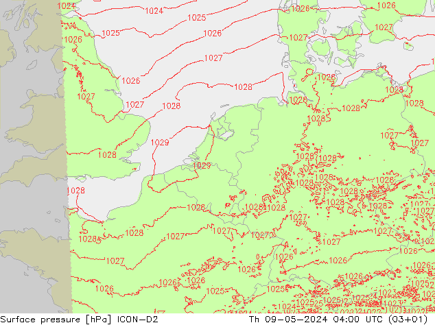 Presión superficial ICON-D2 jue 09.05.2024 04 UTC