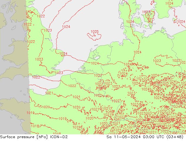 Pressione al suolo ICON-D2 sab 11.05.2024 03 UTC