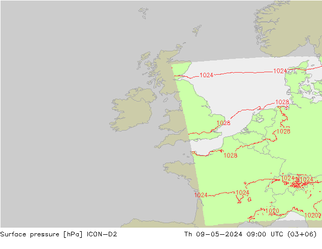 Presión superficial ICON-D2 jue 09.05.2024 09 UTC