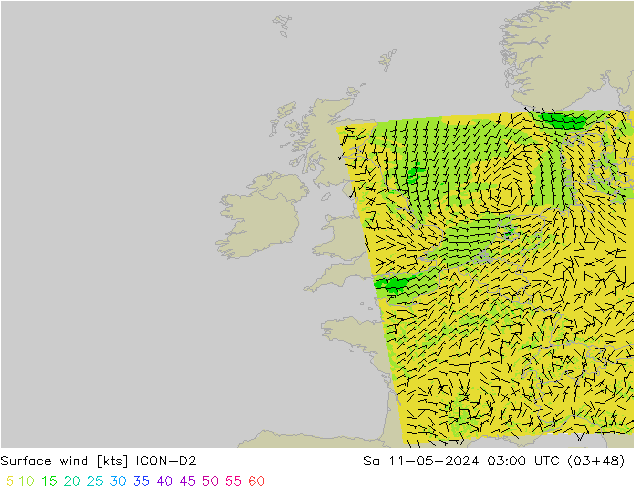 Surface wind ICON-D2 Sa 11.05.2024 03 UTC