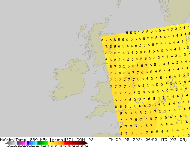 Hoogte/Temp. 850 hPa ICON-D2 do 09.05.2024 06 UTC