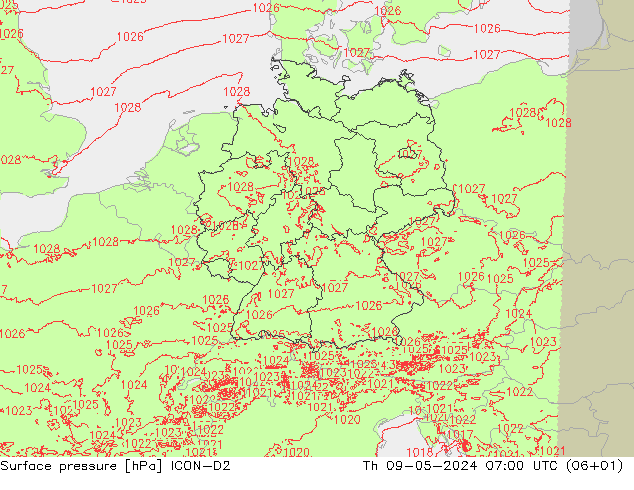 地面气压 ICON-D2 星期四 09.05.2024 07 UTC