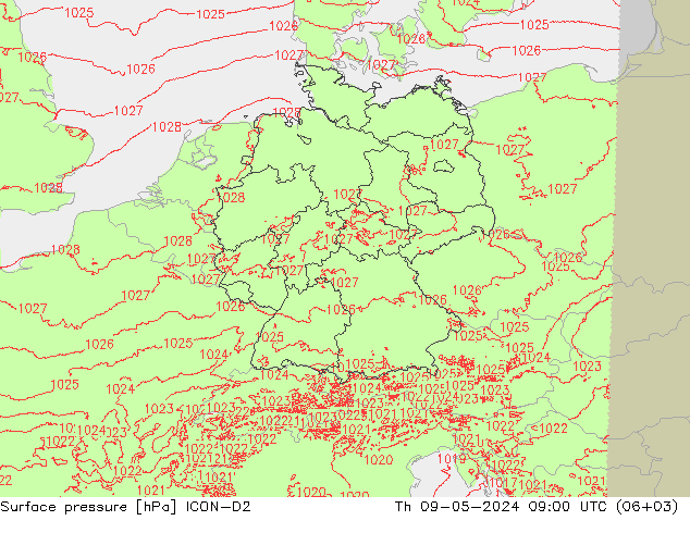 地面气压 ICON-D2 星期四 09.05.2024 09 UTC