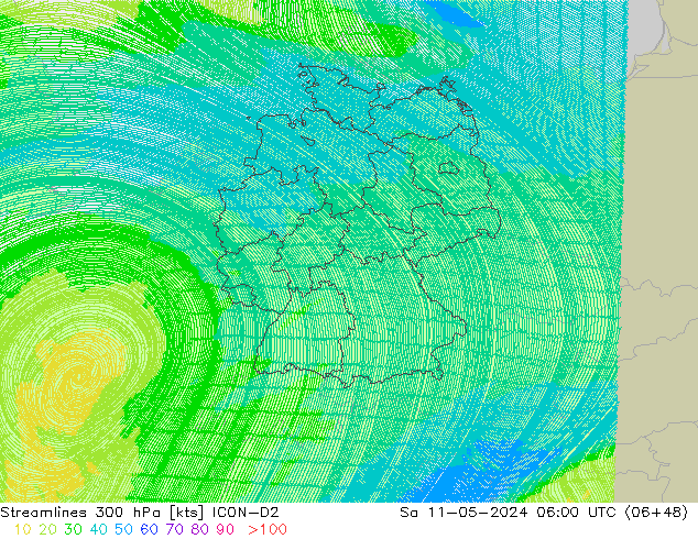 Streamlines 300 hPa ICON-D2 Sa 11.05.2024 06 UTC