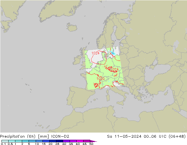 Totale neerslag (6h) ICON-D2 za 11.05.2024 06 UTC