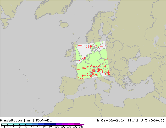 降水 ICON-D2 星期四 09.05.2024 12 UTC