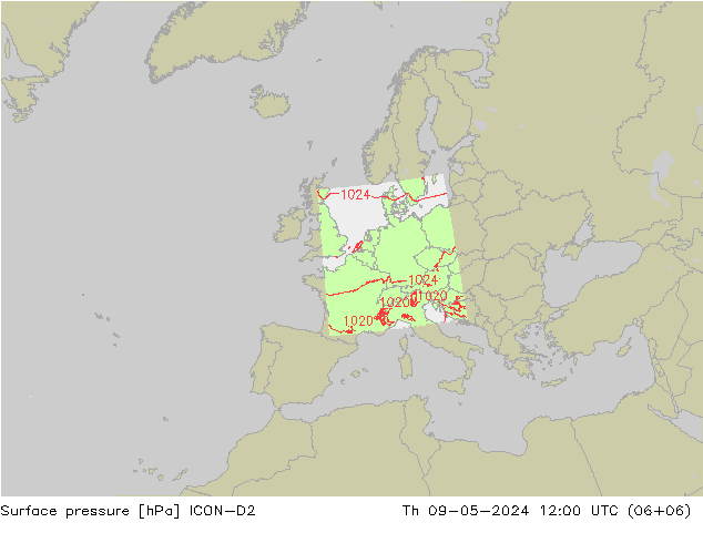 Surface pressure ICON-D2 Th 09.05.2024 12 UTC