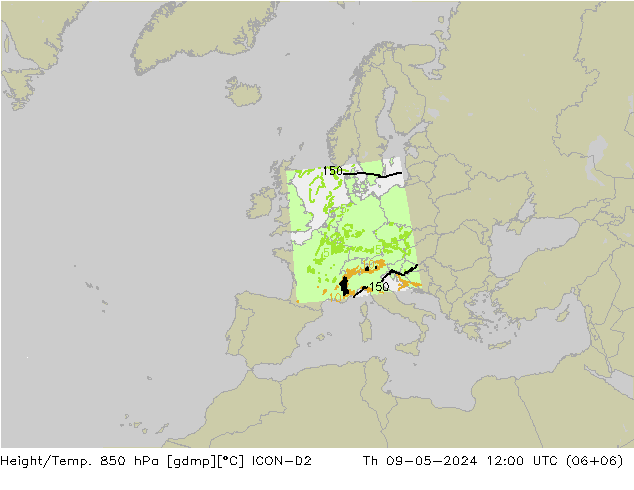 Height/Temp. 850 hPa ICON-D2 Do 09.05.2024 12 UTC