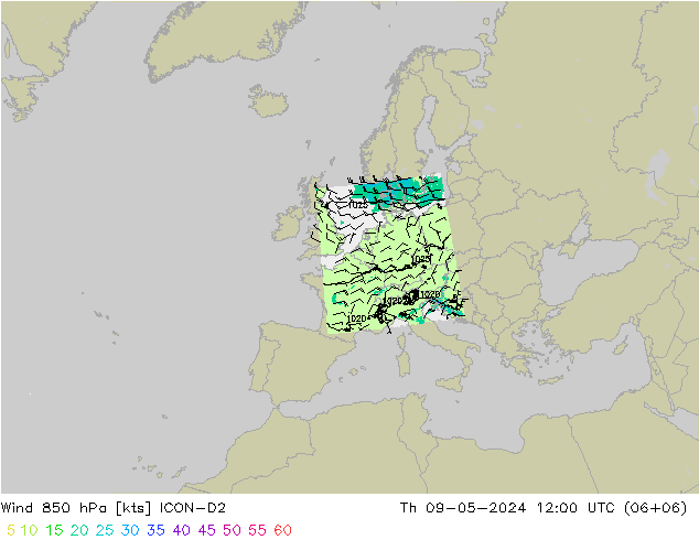 风 850 hPa ICON-D2 星期四 09.05.2024 12 UTC
