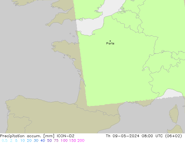 Precipitation accum. ICON-D2 Th 09.05.2024 08 UTC