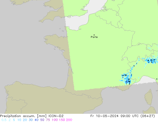 Precipitation accum. ICON-D2 Sex 10.05.2024 09 UTC