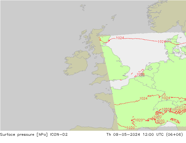 Pressione al suolo ICON-D2 gio 09.05.2024 12 UTC