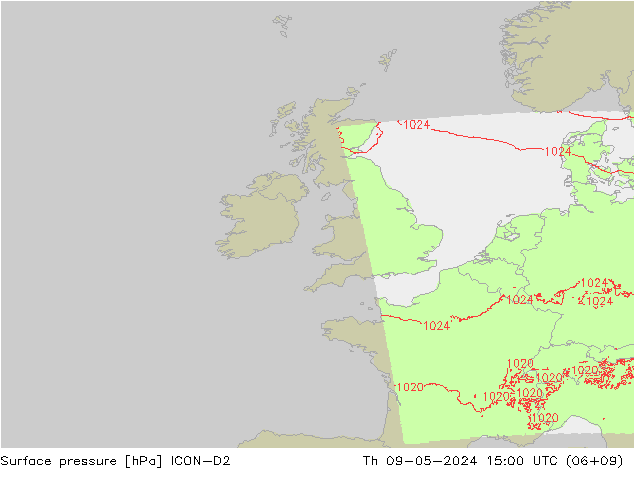 Surface pressure ICON-D2 Th 09.05.2024 15 UTC