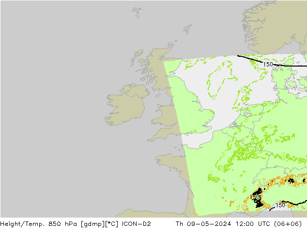 Height/Temp. 850 hPa ICON-D2 Th 09.05.2024 12 UTC