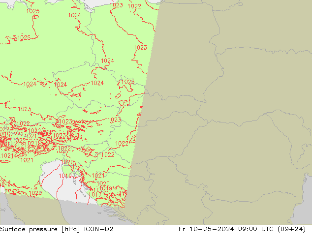 Atmosférický tlak ICON-D2 Pá 10.05.2024 09 UTC