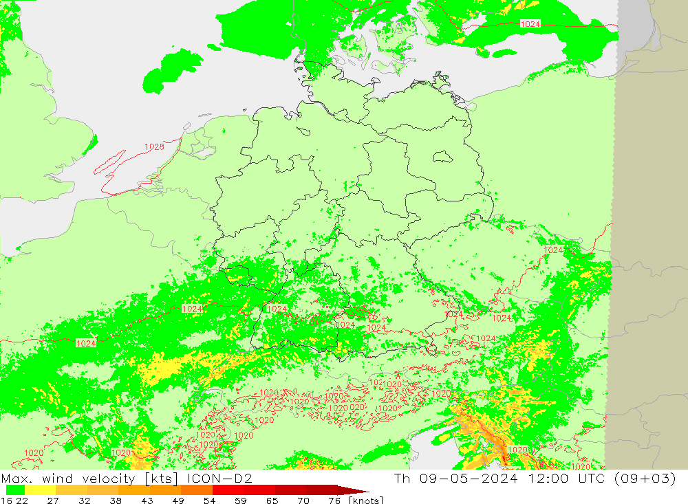 Max. wind velocity ICON-D2 星期四 09.05.2024 12 UTC