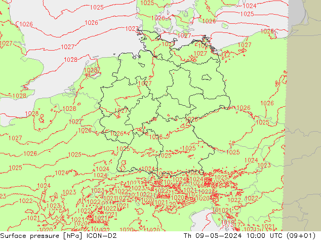 地面气压 ICON-D2 星期四 09.05.2024 10 UTC