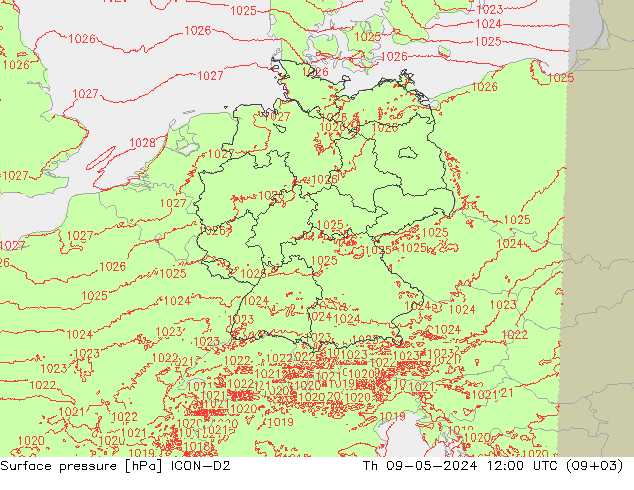 地面气压 ICON-D2 星期四 09.05.2024 12 UTC