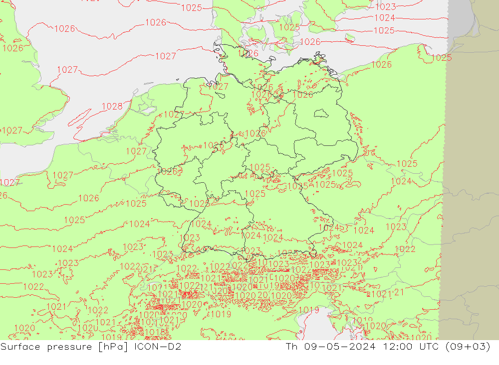 地面气压 ICON-D2 星期四 09.05.2024 12 UTC