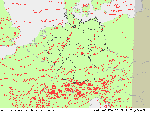 地面气压 ICON-D2 星期四 09.05.2024 15 UTC